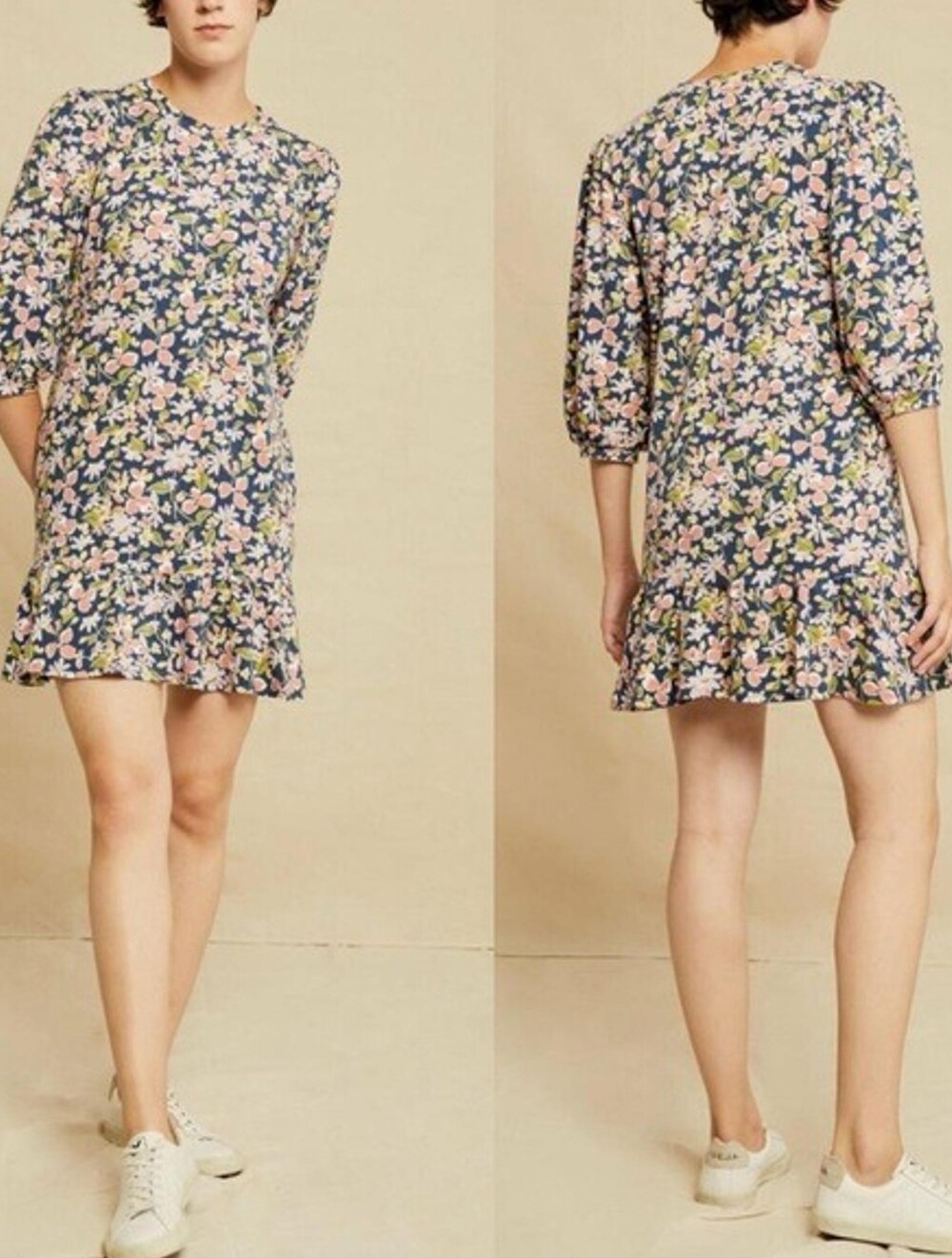 Amour Vert Navy Floral Ruffle-Hem Mini Dress with Pink and Green Blooms